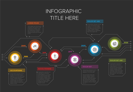 Colorful Circular Infographic Design Timeline Template with six elements icons and years on dark background