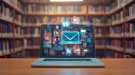 Laptop on a table in a library with an email icon and digital icons on the screen.