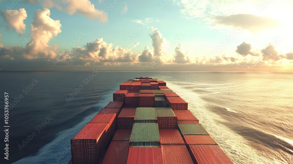 Poster aerial view of a cargo ship navigating through the ocean at sunset.