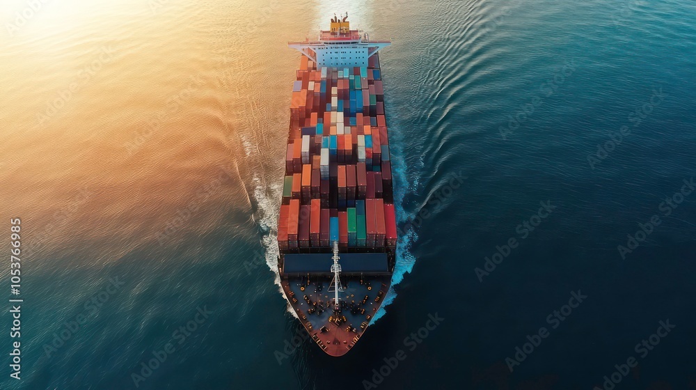 Poster an aerial view of a large cargo ship sailing on the ocean at sunset, with a clear view of the contai