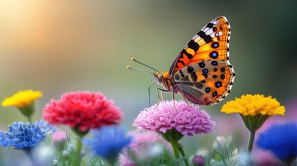 Obraz premium Butterfly Perched on Pink Flower in a Field of Blooms