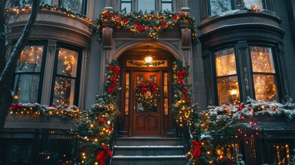 Fototapeta premium A charming Victorian townhouse adorned with red and gold garlands, sparkling lights outlining the windows, and a wreath hanging on the front door.