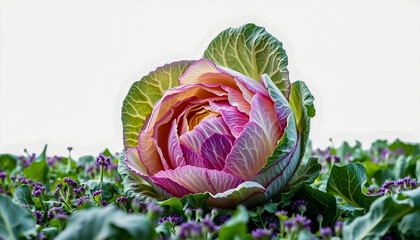Fototapeta premium Cabbage growing in lush green farmland under sunlight
