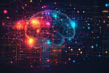 Obraz premium A Digital Brain Illuminated with Neon Lines and Circuitry