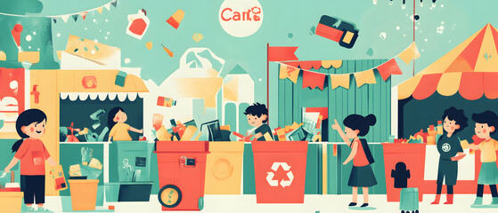 Obraz premium Innovative Recycling Activities in Different Locations: Engaging Scenes of Volunteers, Teens, and Children Participating in Eco-Friendly Efforts Across Parks, Beaches, Schools, and Festivals