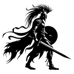 Silhouette of knight Warrior with Shield and Spear in Minimalist Black and White. Knight warrior. Fighter man 