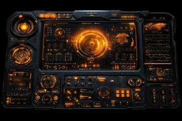 Fototapeta premium Futuristic Interface with Orange Glowing Lights and a Digital World Map Display