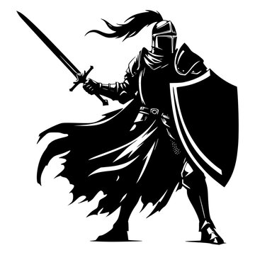 Silhouette, vector of knight Warrior with Shield and Spear in Minimalist Black and White. Knight warrior