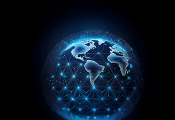 Fototapeta premium A stylized, glowing blue Earth is surrounded by a web of interconnected lines and nodes, symbolizing global connectivity.
