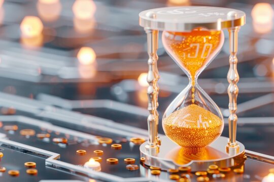 Digital matrix hourglass with golden sand particles on circuit board design background.