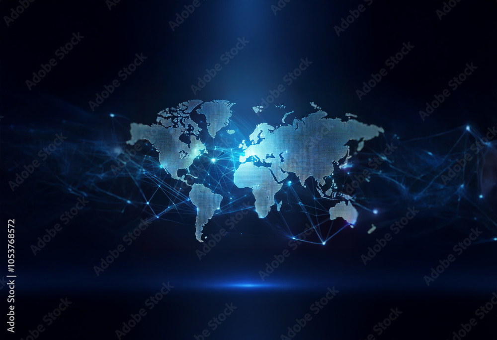 Leinwandbilder A dark blue background with a glowing, gray world map and connecting lines forming a network.