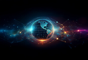 Obraz premium A glowing globe with a grid pattern and a futuristic design, with an abstract background of swirling lines and dots, representing global connection and technology.