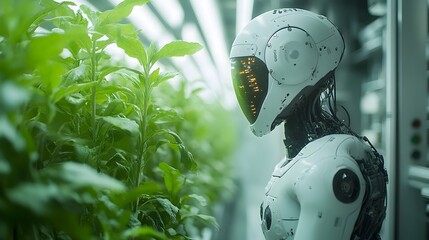 Futuristic Robot Exploring Lush Nature Landscape with Greenery