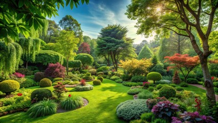 Obraz premium Lush garden with a variety of trees , nature, greenery, outdoor, peaceful, serene, foliage, landscape, growth, botanical