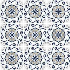 	Seamless vector pattern with ceramic flower tiles in vintage style.