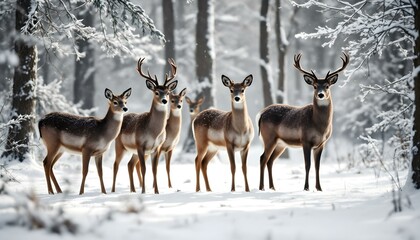 Fototapeta premium A small group of deer standing quietly in a snowy forest clearing, bathed in soft morning light that highlights their breath against a serene winter landscape
