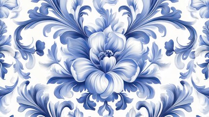 A decorative floral pattern featuring blue and white hues, ideal for textiles or wallpaper.