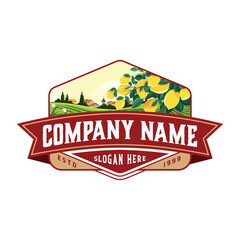 vintage style emblem logo with a farming theme depicting an orange grove in the countryside