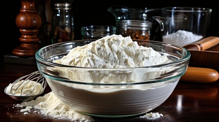 Fototapeta premium A heaping bowl of white powder ready for baking, sitting on a wooden surface and surrounded by utensils