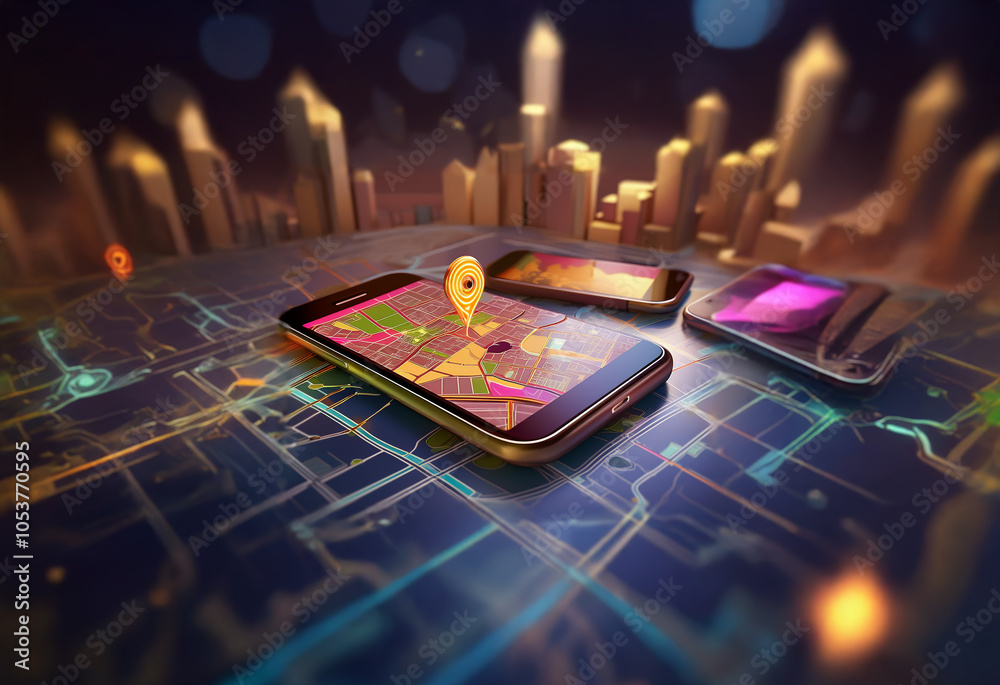 Leinwandbilder three smartphones lay on a city map with a glowing city skyline in the background. the map is lit wi