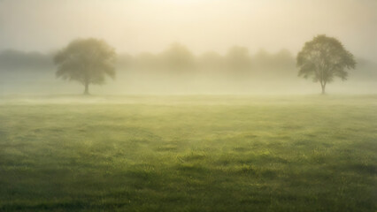 Obraz premium A foggy field covered in dewy grass under soft, diffused light, providing a natural background with open copy space.