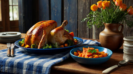 Happy Thanksgiving! A roasted turkey garnished with vegetables lies on a blue platter, beside a bowl of orange pumpkin cubes. A rustic vase contributes to the warm ambiance of the holiday gathering.