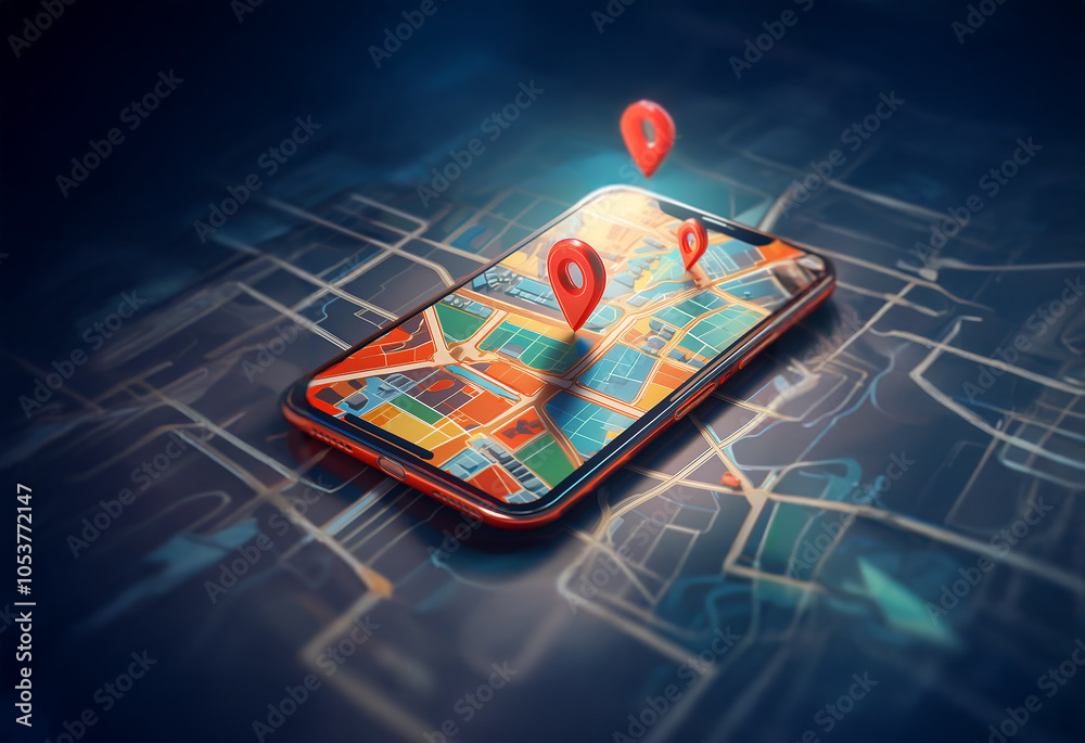 Leinwandbilder a smartphone displaying a map with red pins, representing locations, floating above.