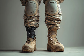 Close-up of a soldier with a prosthetic leg wearing camouflage pants and combat boots, standing confidently. Symbol of resilience, strength, and military determination.

