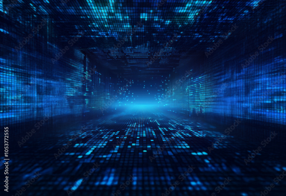 Poster A digital tunnel composed of glowing blue binary code. The tunnel appears to extend into the distance, with a bright light at the end.