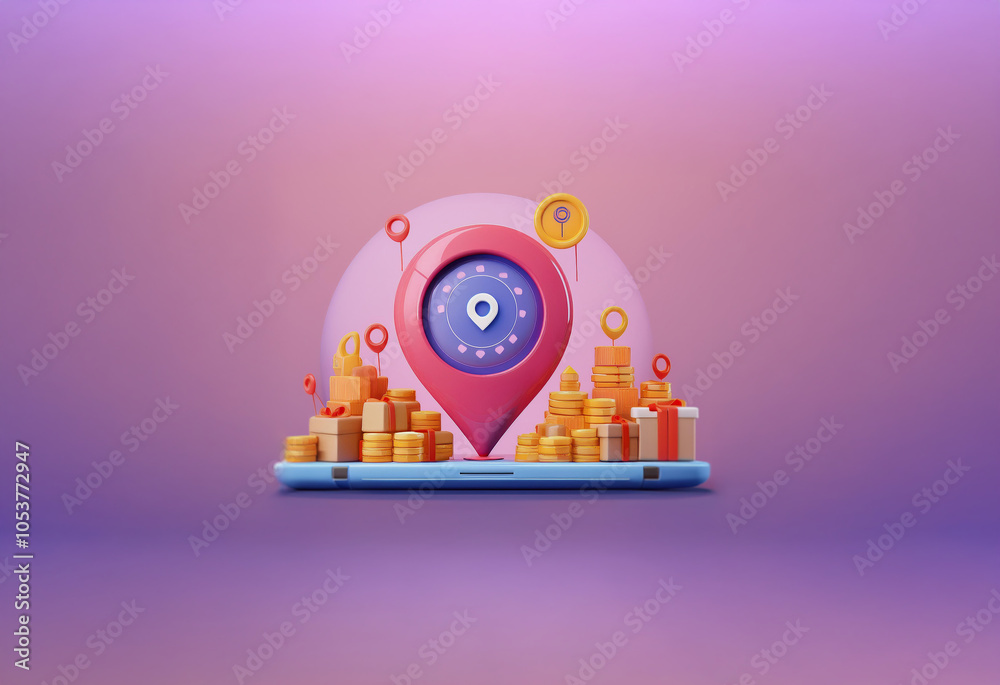 Poster a 3d rendering of a smartphone screen with a location pin, stacks of gold coins and gift boxes, symb