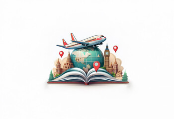 An open book with a globe and an airplane flying overhead.  The globe is surrounded by landmarks from various locations with red pins marking their locations.