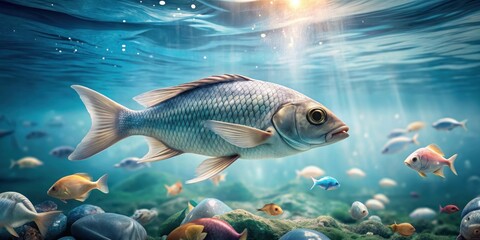 Naklejka premium Plastic fish floating in polluted water, symbolizing ocean pollution and eco awareness , plastic, fish, debris, pollution