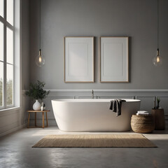 Modern Minimalist Bathroom Bathtub With A Large  Frame On The Wall, Interior Design Wall Art Mockups