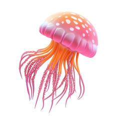 A vibrant pink jellyfish with white spots and long, flowing tentacles, transparent background