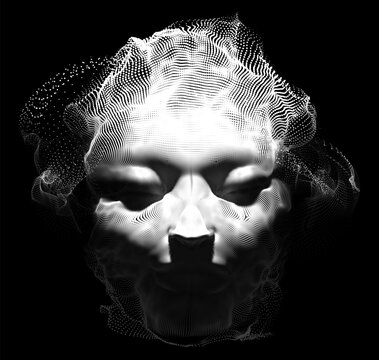 Illustration of female elf face with black and white texture. Made from many dots and particles. Vector illustration.