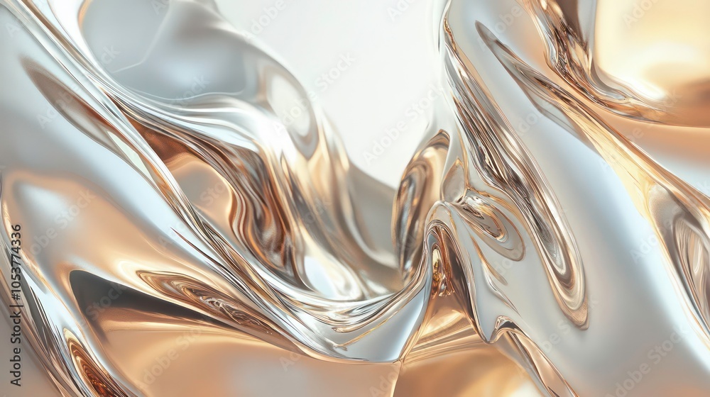 Poster abstract background of flowing silver and gold liquid with smooth curves and reflections.