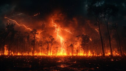 A dramatic scene of a forest engulfed in flames with lightning illuminating the sky.