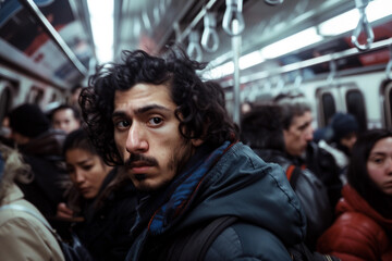Generative AI portrait of people crowd busy day on dimly lit metro bus train public transport concept, urban scene