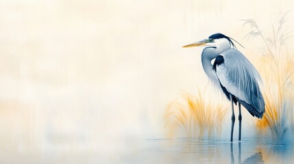 Naklejka premium Elegant heron stands gracefully by the water's edge, surrounded by soft hues, AI