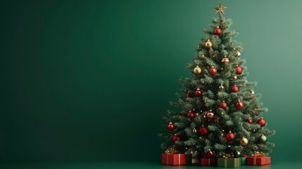 A traditional evergreen Christmas tree, adorned with classic red and gold ornaments, set against a solid green background, giving a timeless holiday feel.