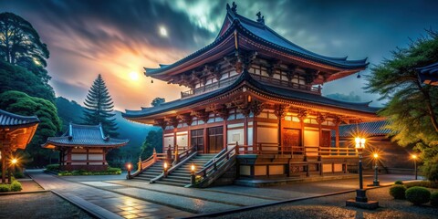Obraz premium Japanese temple illuminated at night surrounded by mystical atmosphere, Japanese, temple, night, fantasy