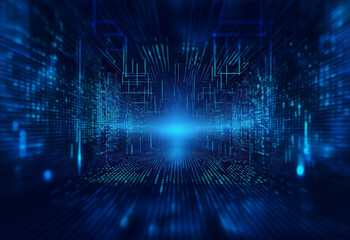 Fototapeta premium An abstract digital background with a bright light at the end of a tunnel of lines and code.