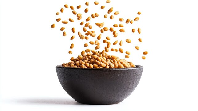 Pine nuts cascading down into a bowl, isolated on a white background.