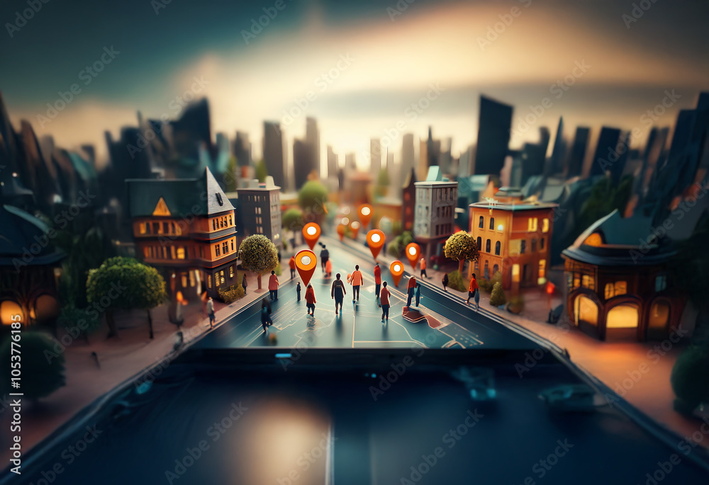 Fototapete a miniature cityscape with tiny figures walking on a smartphone screen, with multiple orange locatio