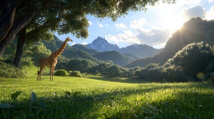 Obraz premium Giraffes grazing peacefully under a bright African sun, their long necks towering over the trees, [safari animals], [giraffe beauty],