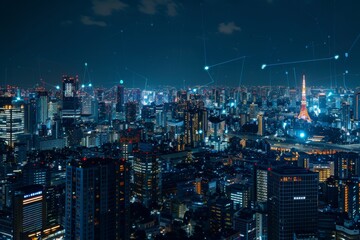 Panorama aerial view in the cityscape skyline with smart services and icons, internet of things, networks and augmented reality concept , night scene