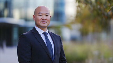 Fototapeta premium A businessman in formal attire confidently stands outdoors, showcasing professionalism and determination with a blurred background of modern buildings