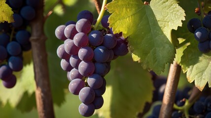 close-up of ripe purple grapes on the vine with green leaves in a vineyard