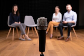 Microphone in focus with three people seated in background on wooden floor.