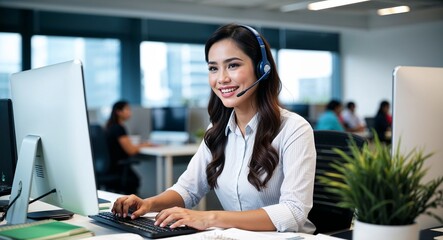 Filipino call center agent typing notes friendly smile headset on modern office with computers early twenties female